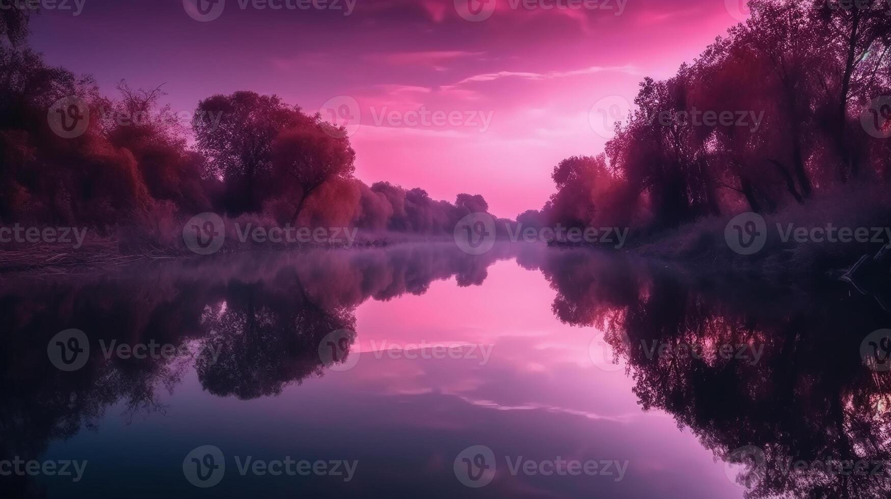 un escena en cuales el todo púrpura cielo es reflejado en el agua. ai generativo foto