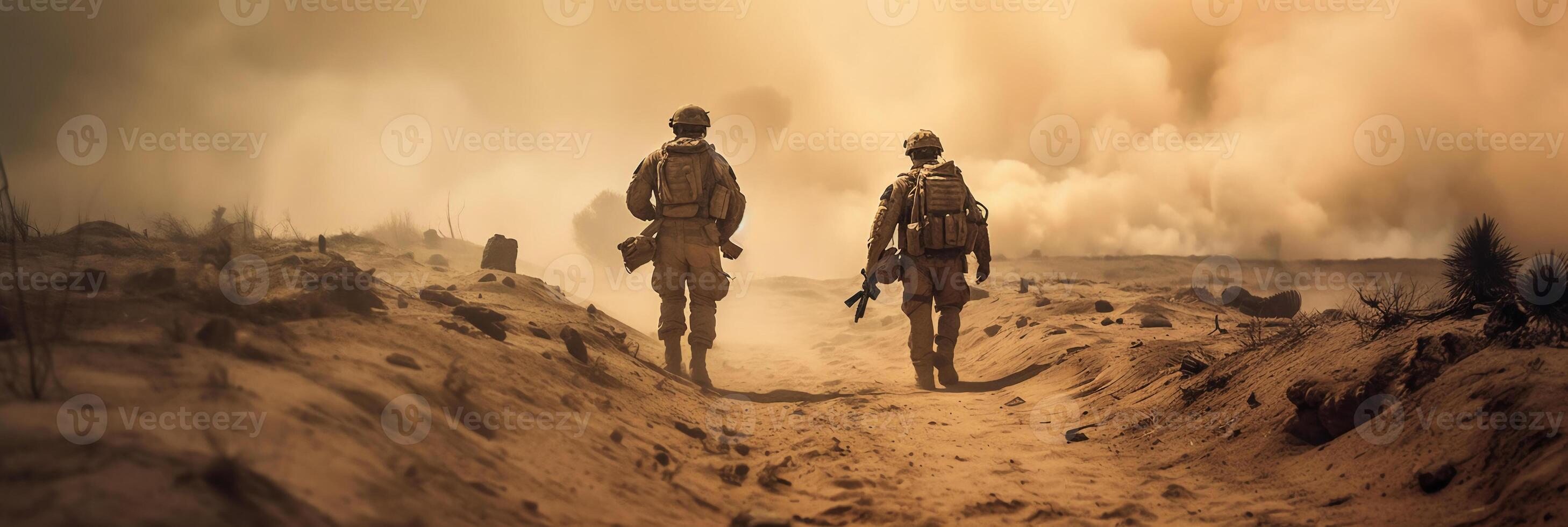 Military special forces soldiers crosses destroyed warzone through fire and smoke in the desert, photo