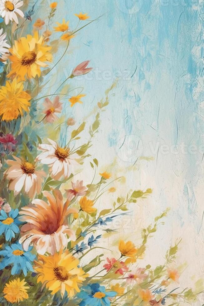 Blank empty white page with oil painting chic floral border, slightly edges. photo