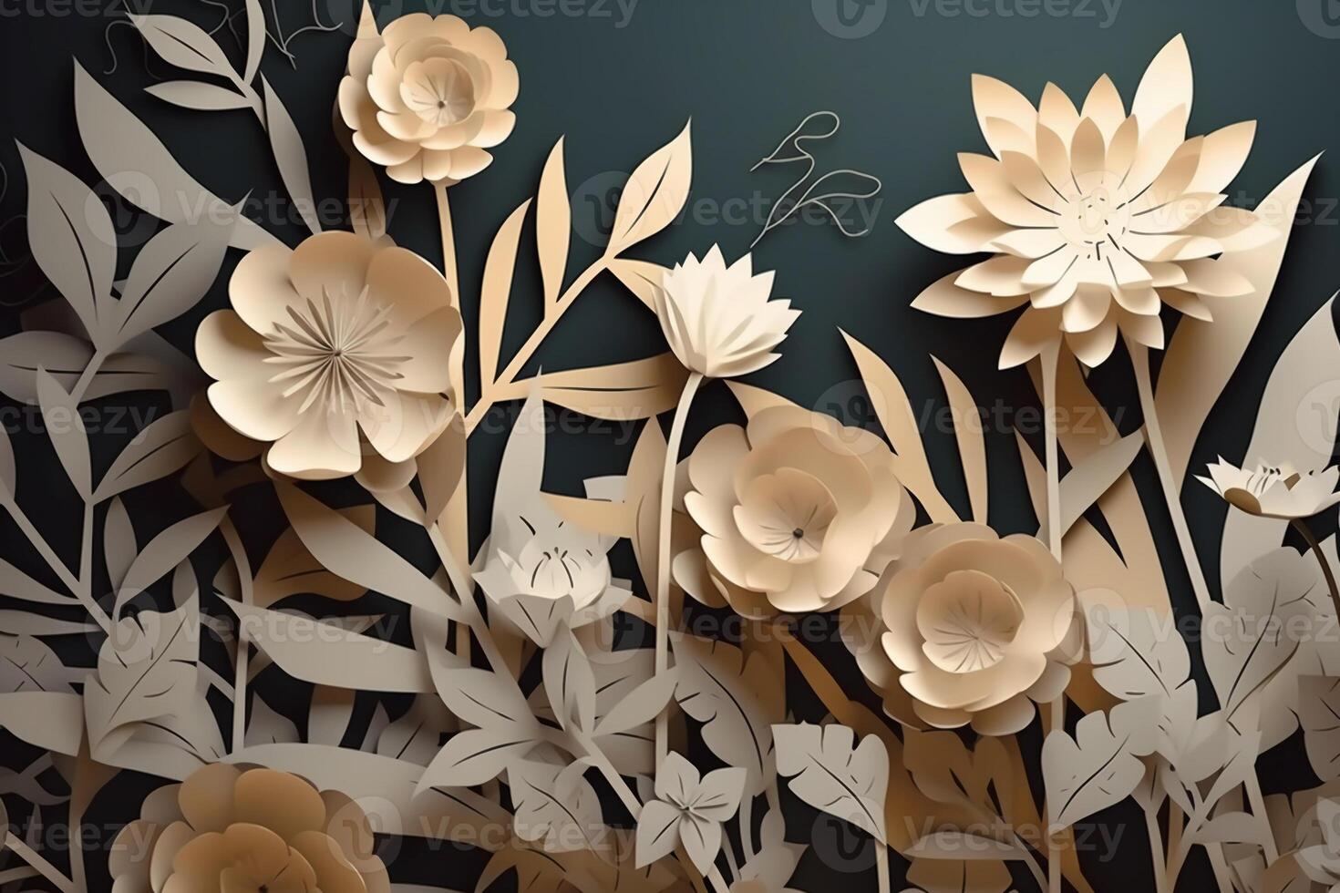 Seamless Paper Craft, layered art of flowers, copyspace. photo