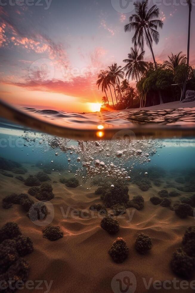 Photograph of beautiful inviting beach scene with pink sunset sky. photo