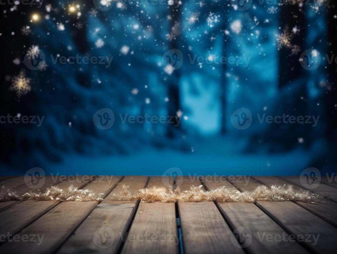 Winter snowy stage background with wooden flooring and Christmas lights on blue background, banner format, copy space. photo