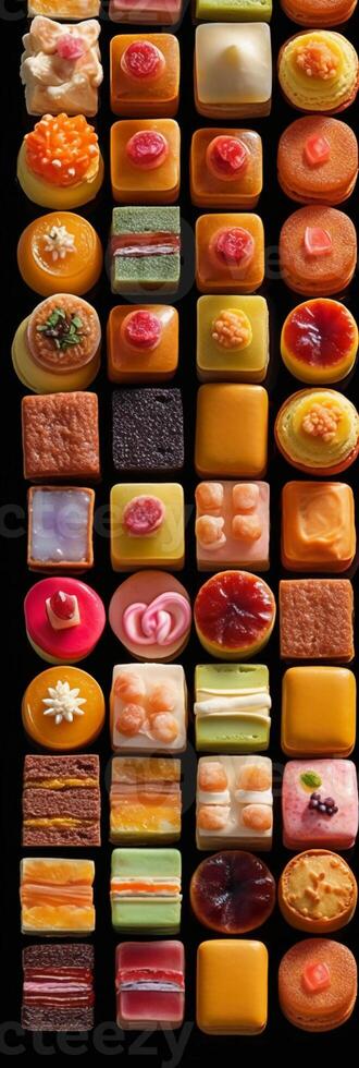 Colorful dozens of French assortment of petits fours. photo