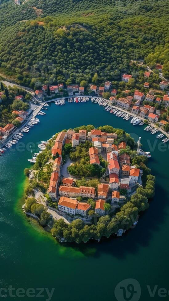 un aéreo ver de de skradin histórico centro, con sus devanado calles y vistoso edificios anidado entre el lozano verdor. ai generativo foto