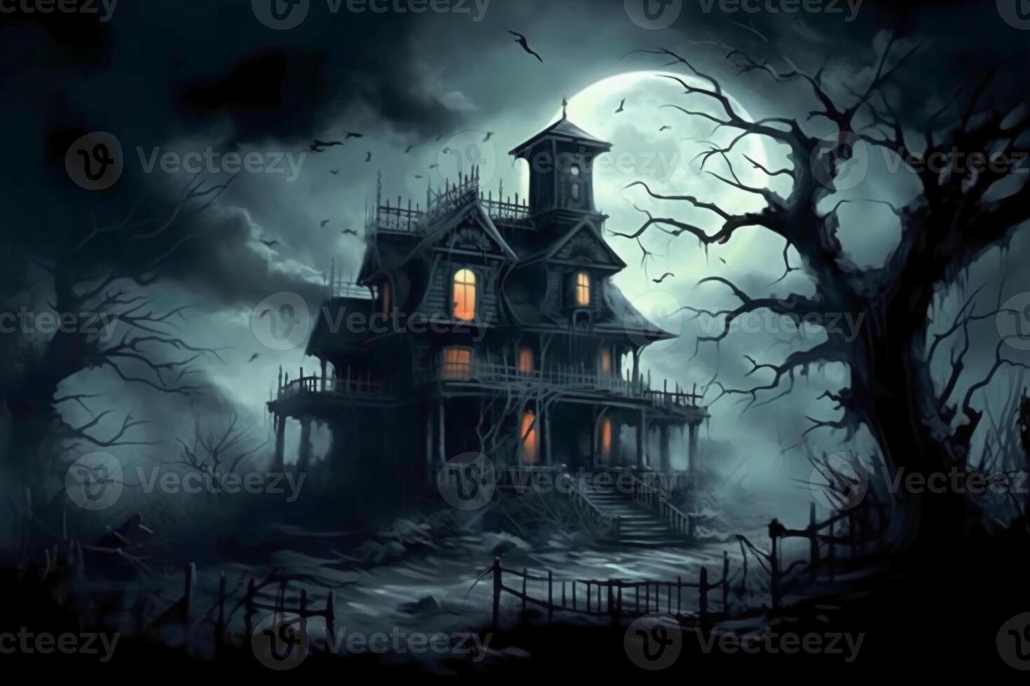 Creepy haunted mansion, spooky moonlit sky, trees in background with eyes shining from shadows. photo