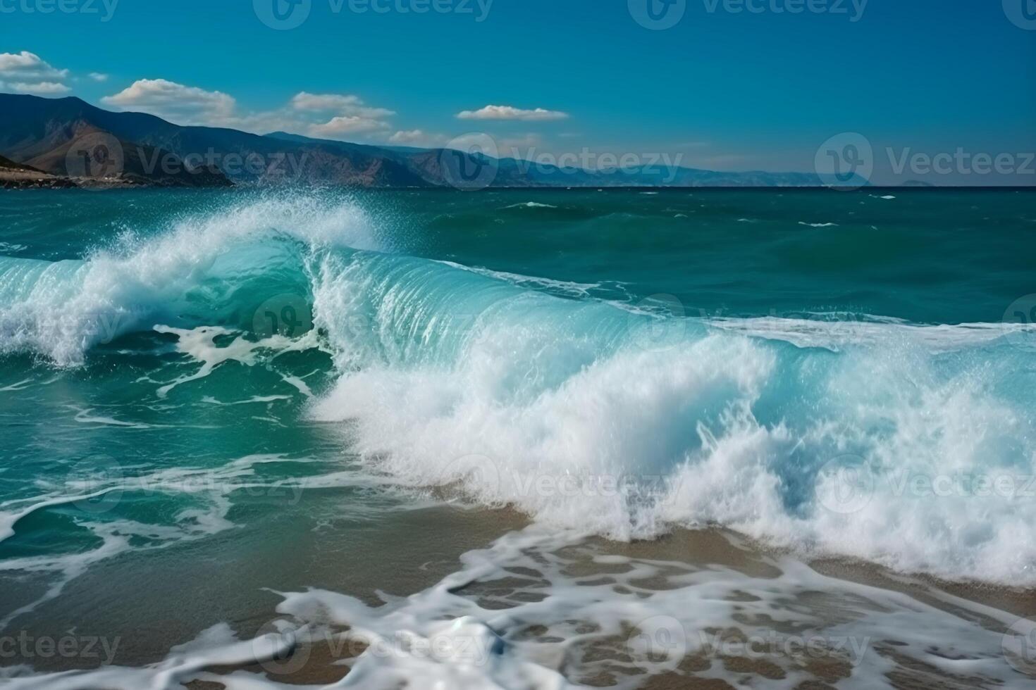 Sunny day, Beauty of marine nature, strength and power of the water element in form of a large turquoise sea wave crashing on shore. photo