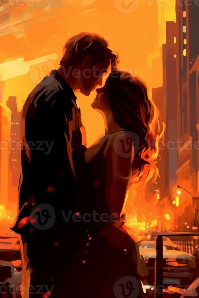 Lovely Sunset cityscape, New York, tan bruennte woman and brown haired white man kissing. photo