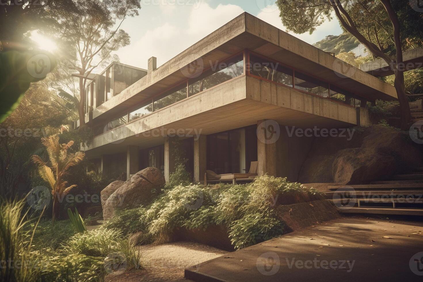 inspired new house in the brasilian jungle, brutalist, waterfalls, concrete, late in the day, sunshine through trees, view from parking towards glass patio, wide shot. photo