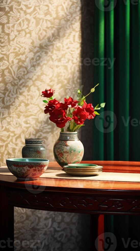 A brown table, wooden, classical style bouquet on the right side of the table. photo