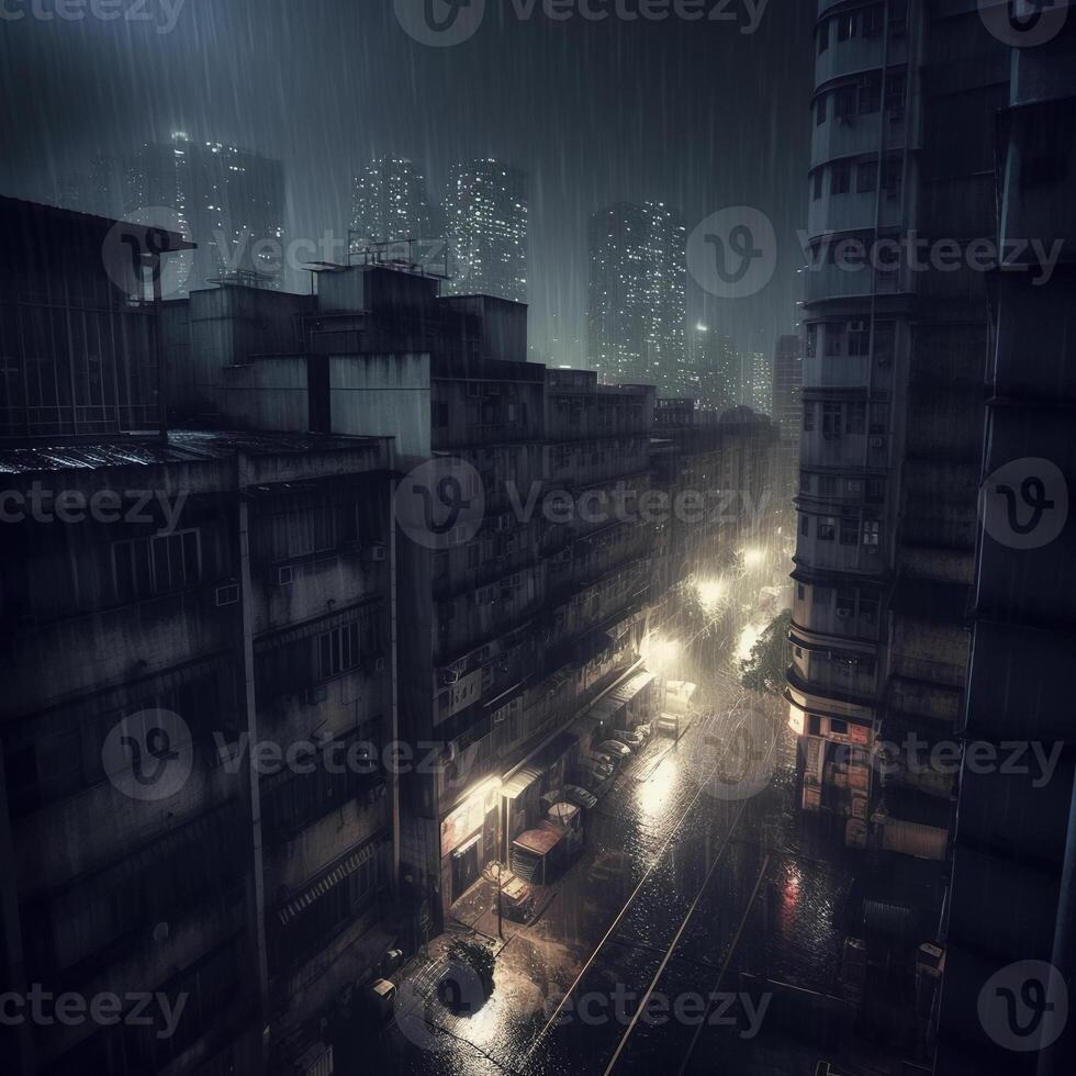 Heavy Rain and Dark Night in the Urban. photo