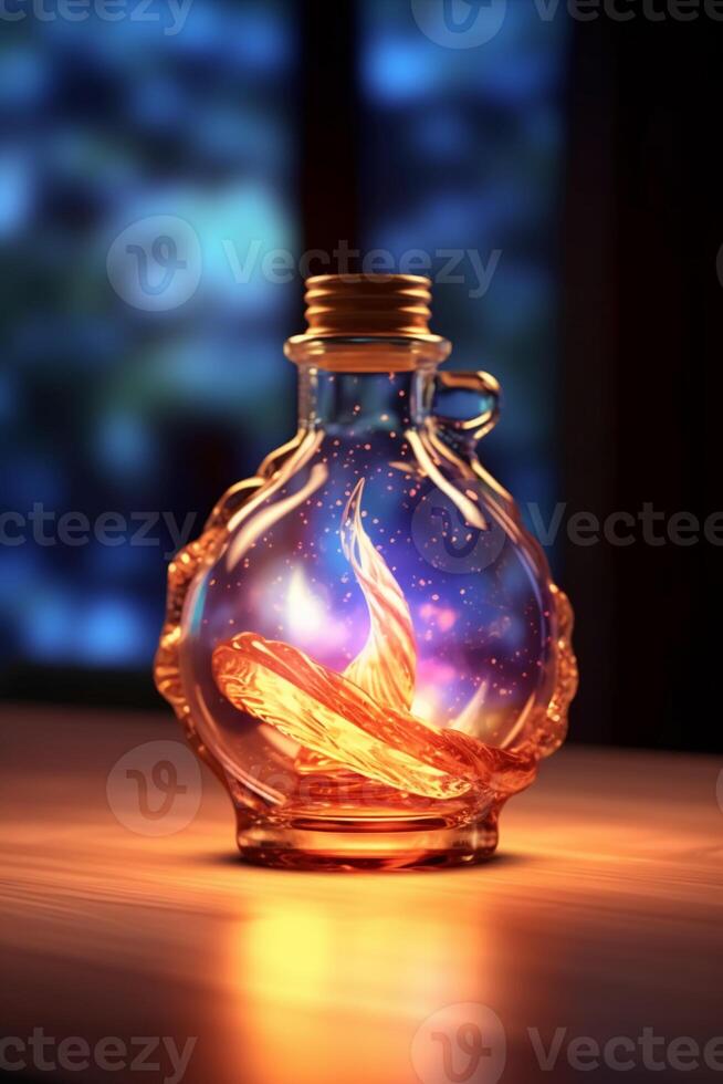 Glowing galaxy in a glass bottle. photo