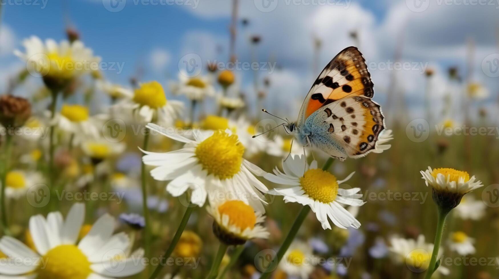 Beautiful white yellow daisies and blue cornflowers with fluttering butterfly in summer in nature against background of blue sky with clouds. photo