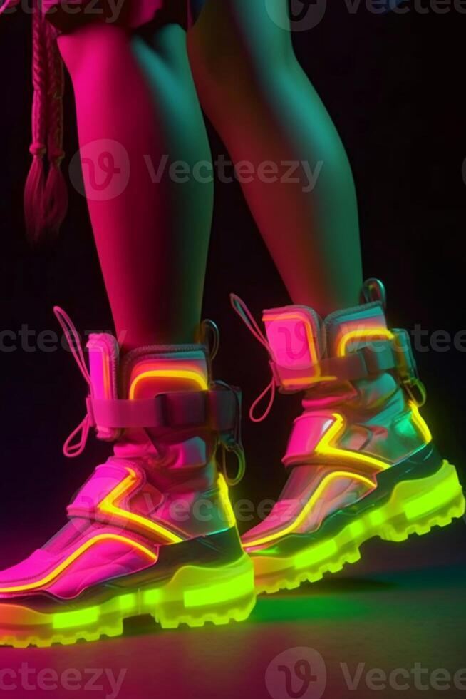 Futuristic neon sneakers with cyberpunk influence. photo