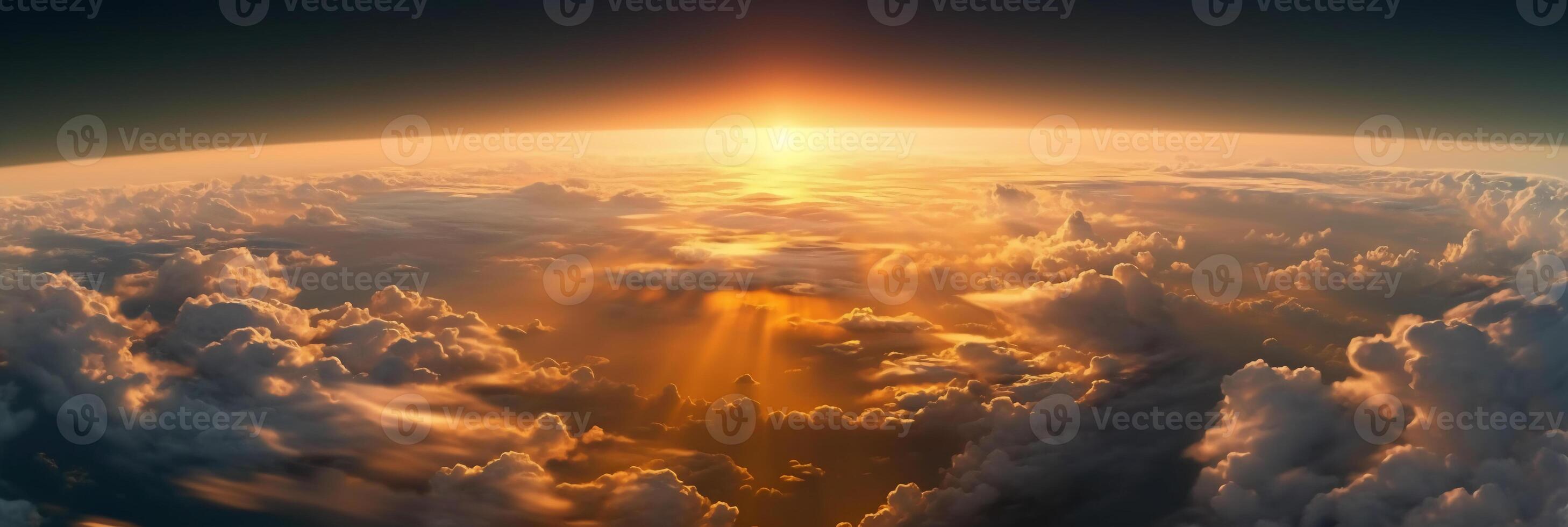 The view from the plane window to the sunset. Aerial view. photo