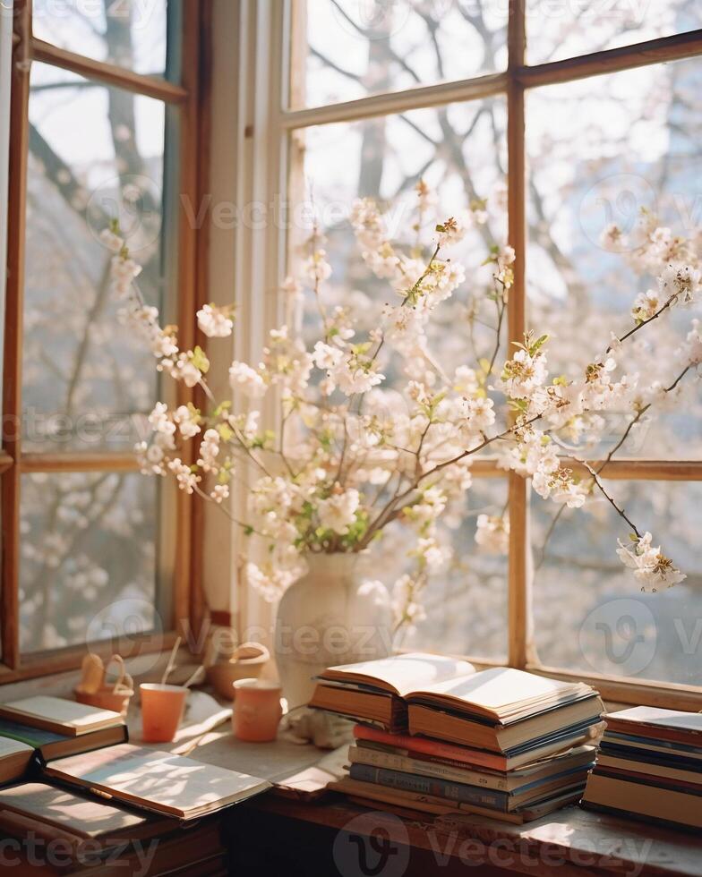 A photo of photobooks next to a big window.