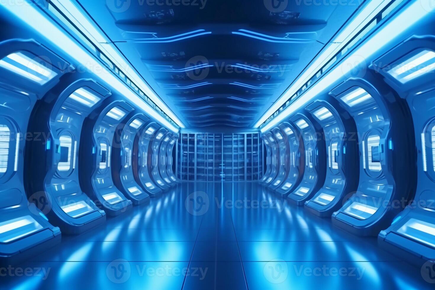 Futuristic background science fiction interior and blue light architecture corridor. photo