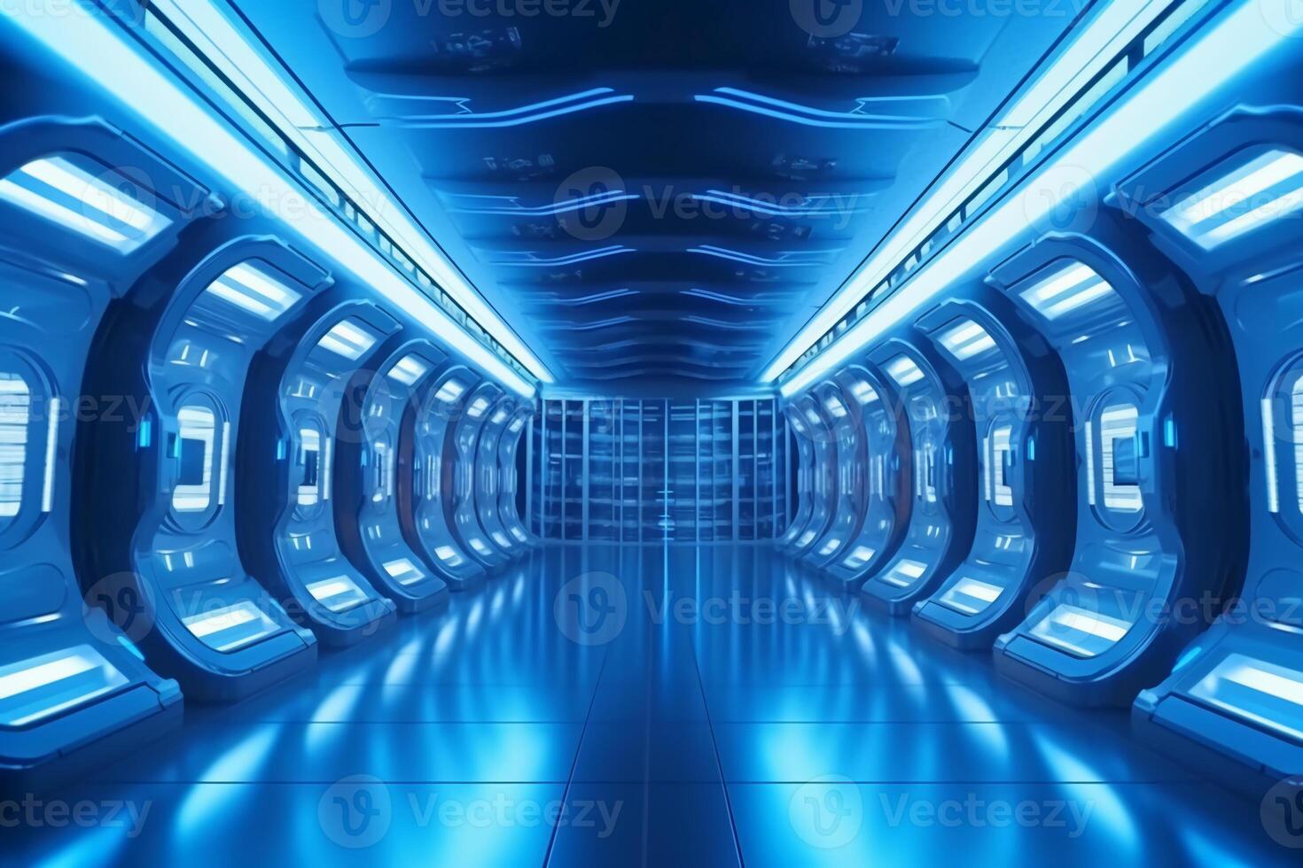 Futuristic background science fiction interior and blue light architecture corridor. photo