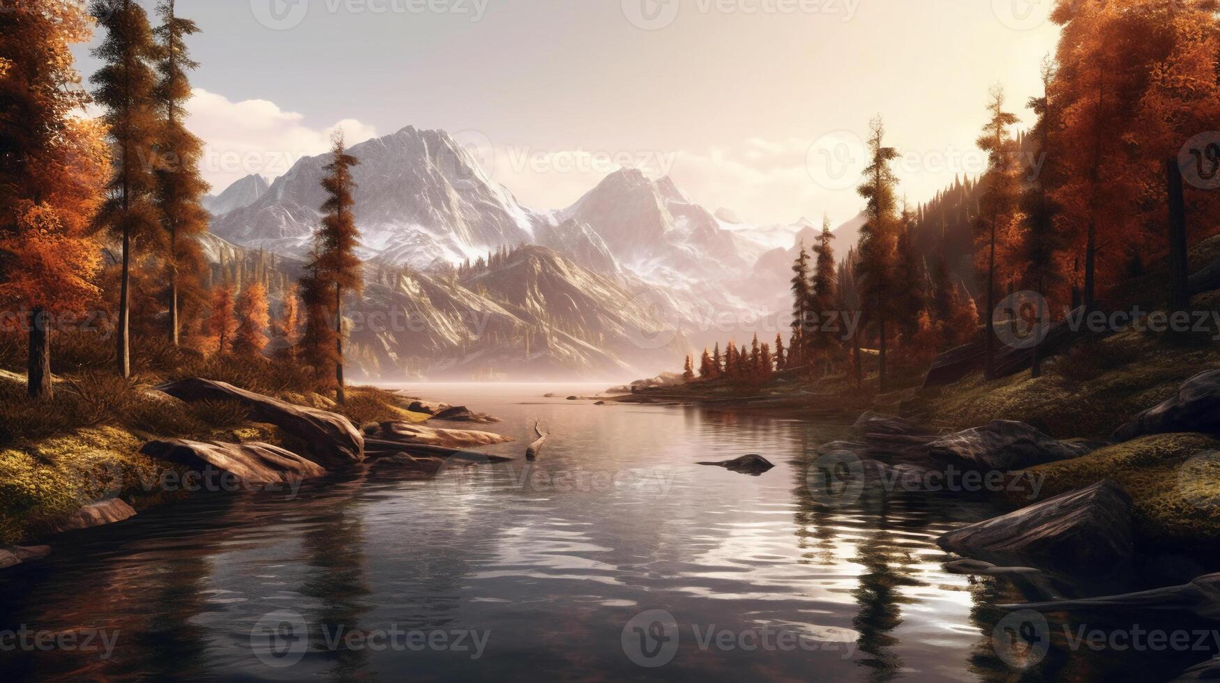 Lake with mountains and trees. photo