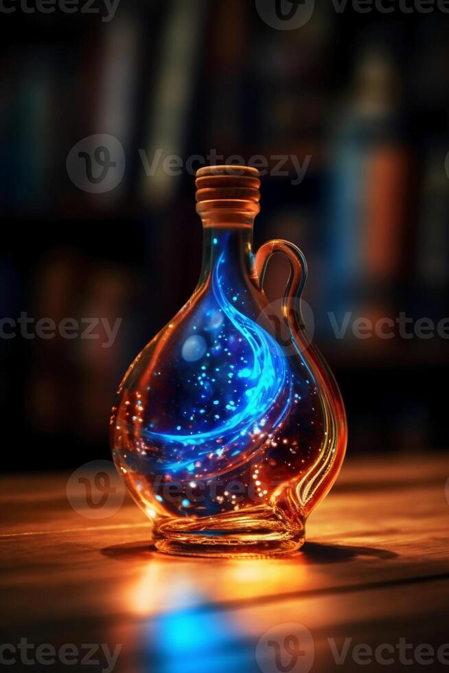 Glowing galaxy in a glass bottle. photo