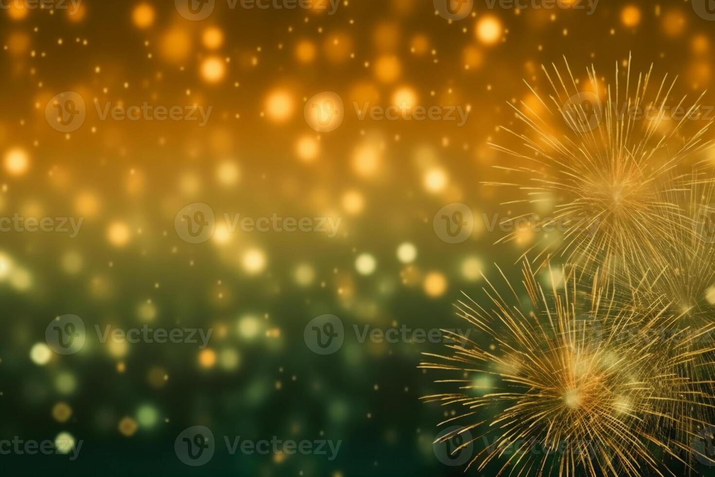Gold and green Fireworks and bokeh in New Year eve and copy space. Abstract background holiday. photo