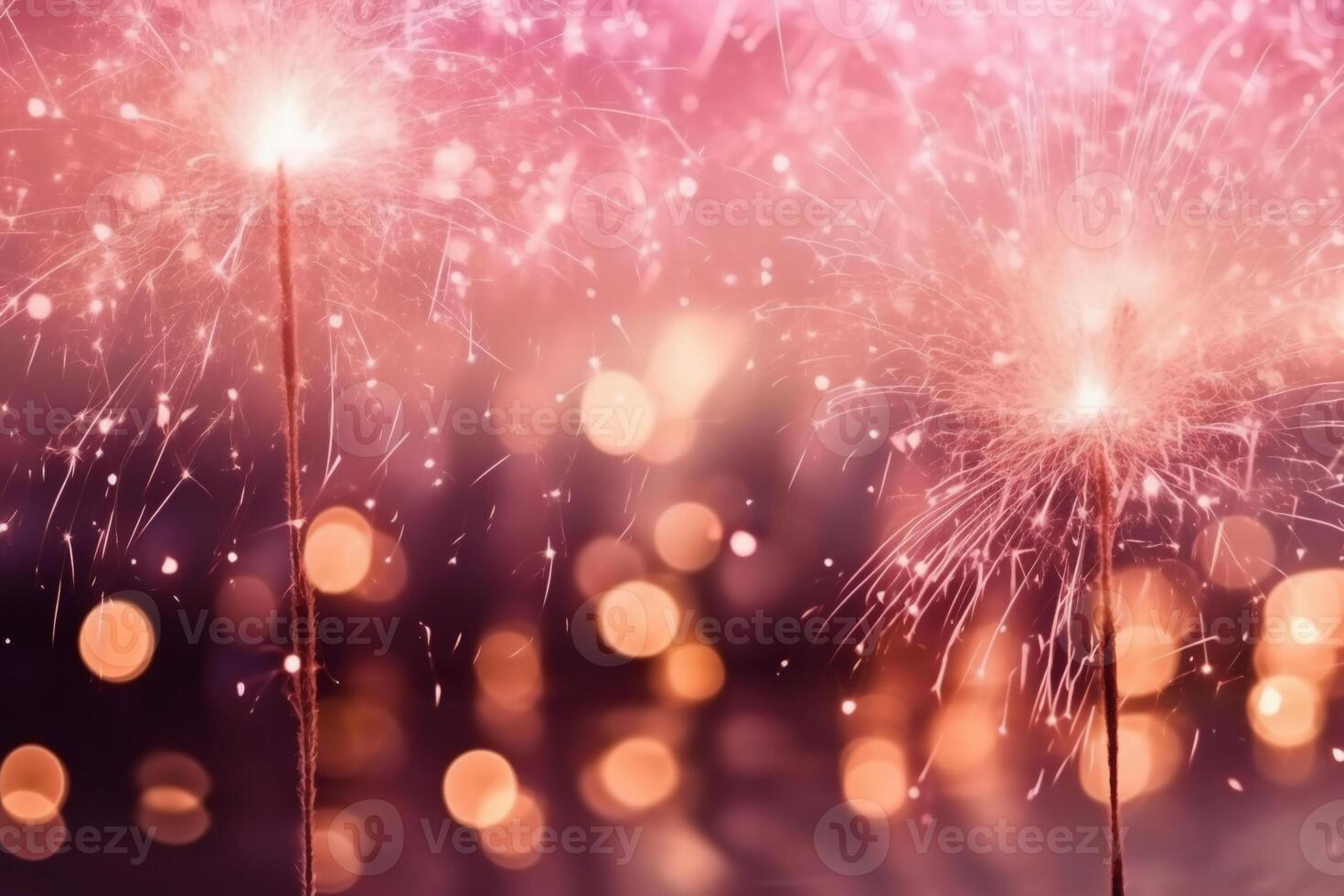 Gold and pink Fireworks and bokeh in New Year eve and copy space. Abstract background holiday. photo