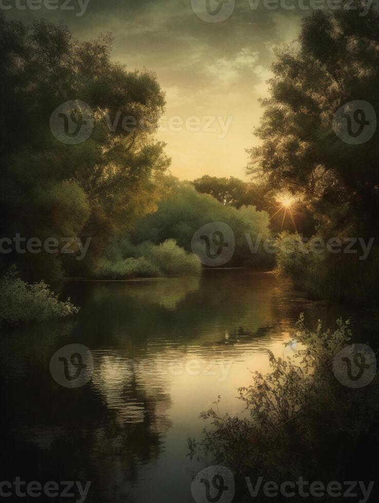 A peaceful lake surrounded by lush greenery and trees, with a realistic yet slightly artistic style. photo
