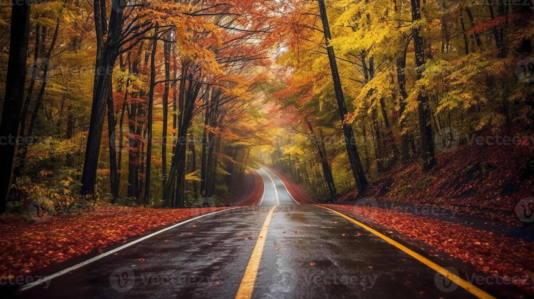 a beautiful long road in autumn season is lined with trees bearing colorful leaves. photo