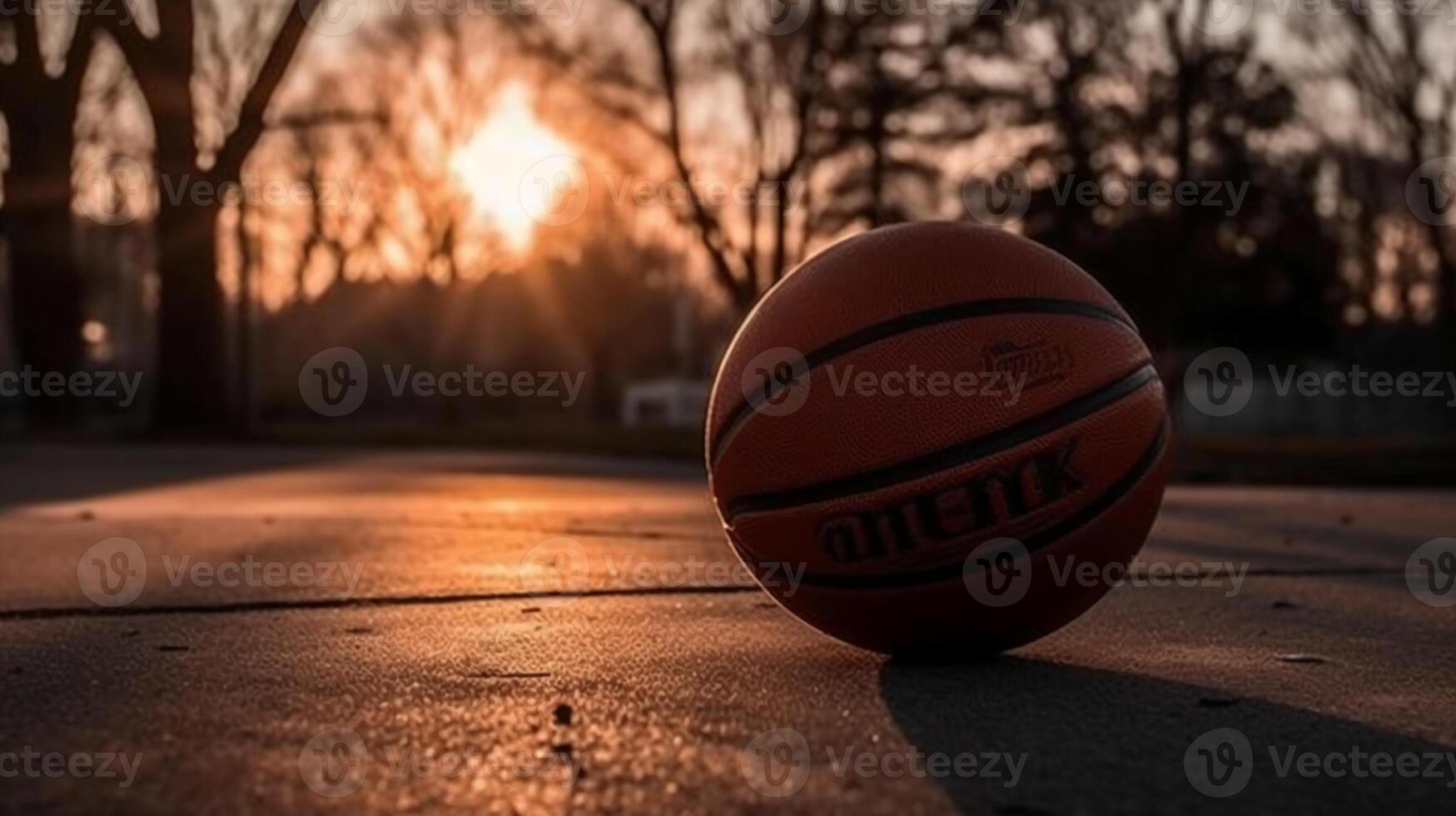 A photograpgh of a basketball on a court at sunset,. photo