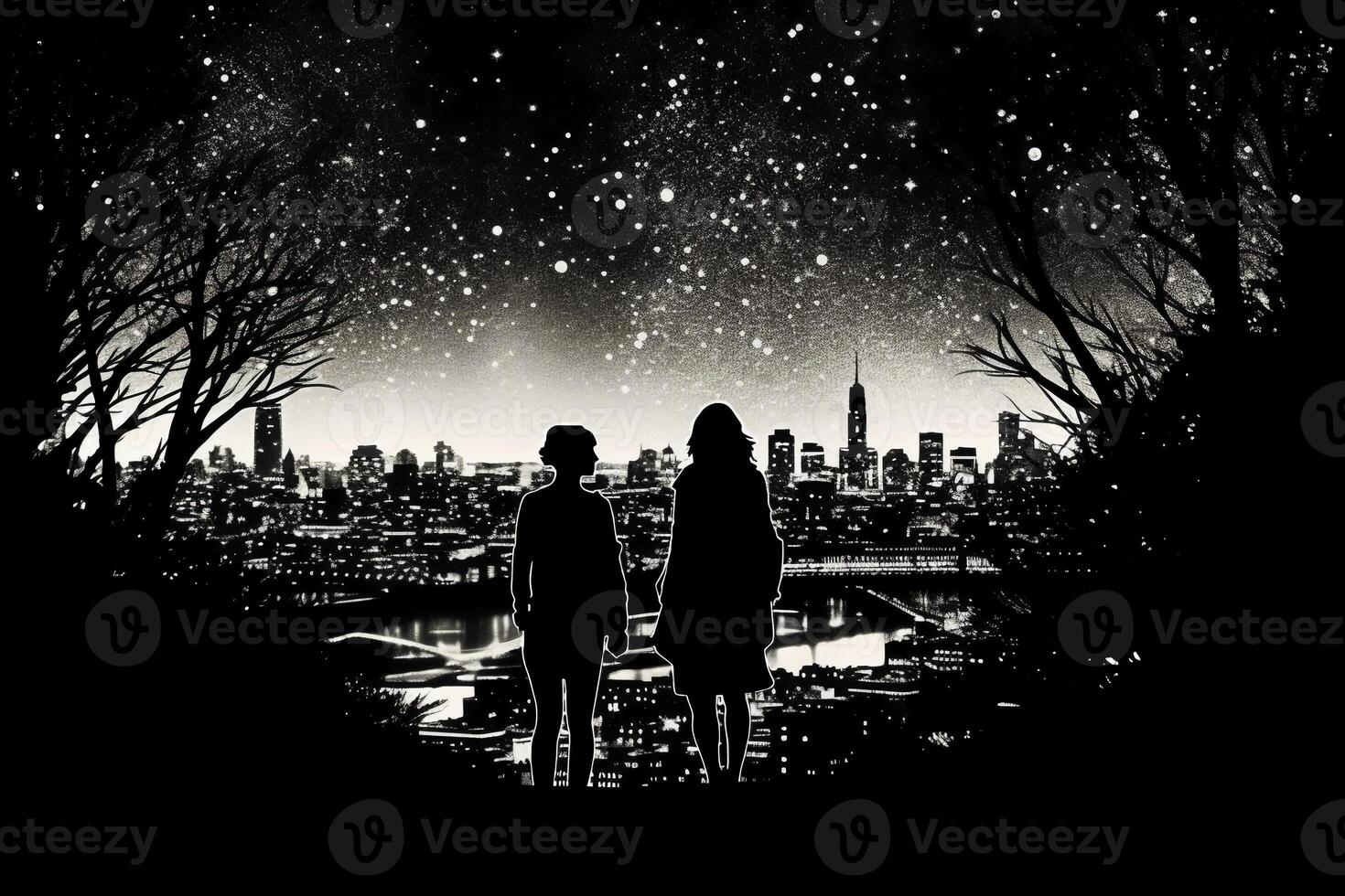 Silhouettes of two stargazing woman saying goodby, surrounded by trees and the contour of london city in the background. photo