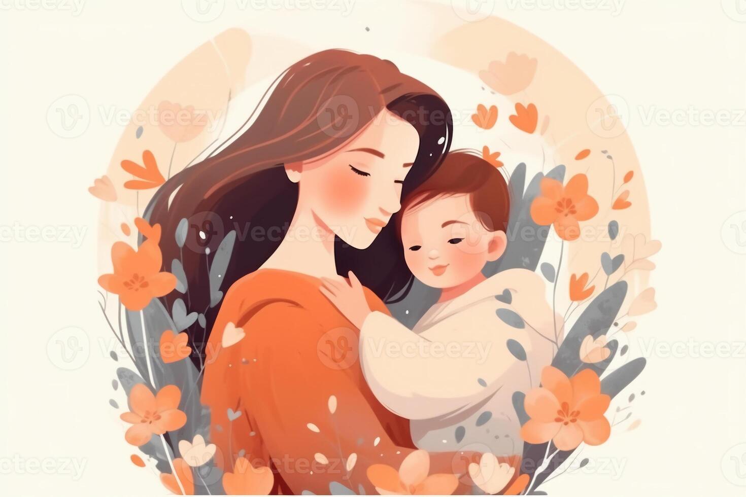 Illustration of mother with her little child, flower in the background. Concept of mothers day, mothers love, relationships between mother and child. photo