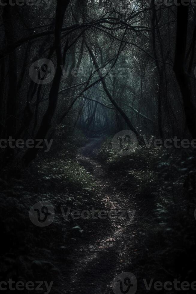 Dark forest, with a path in the middle, horror ambient, trees on the side. photo