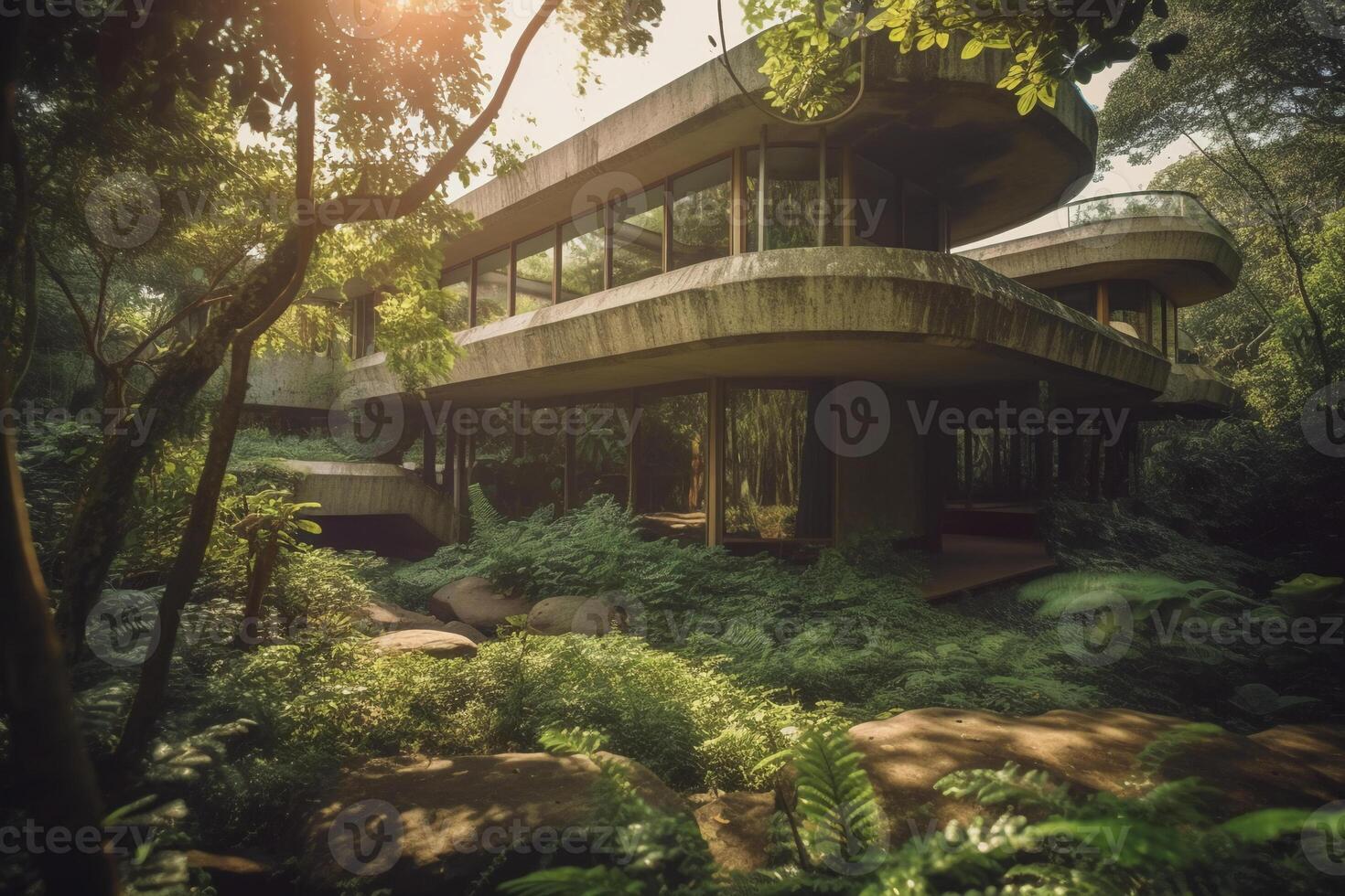 inspired new house in the brasilian jungle, brutalist, waterfalls, concrete, late in the day, sunshine through trees, view from parking towards glass patio, wide shot. photo