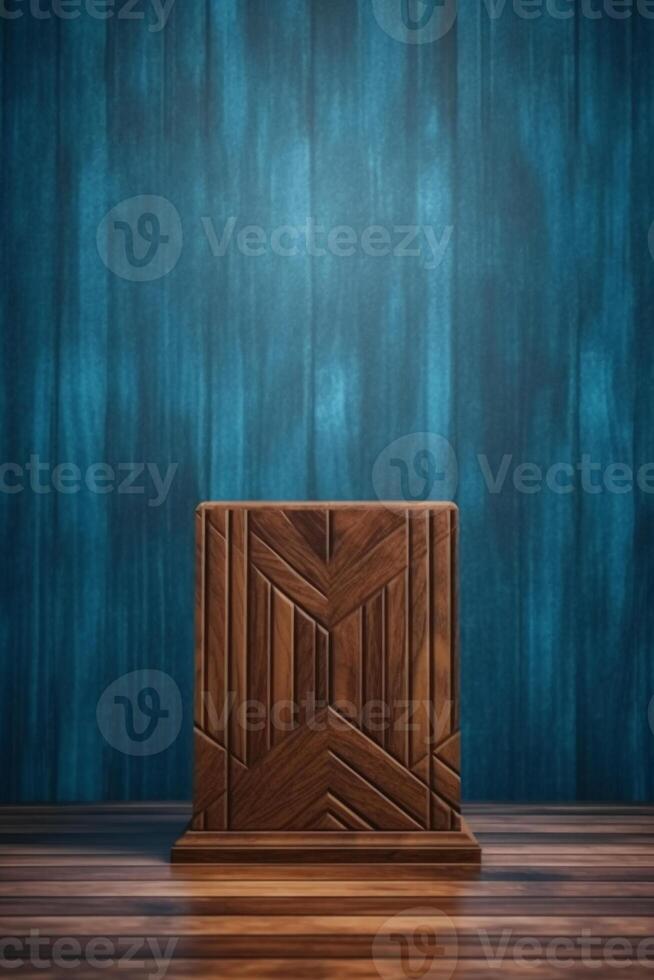Brown wood grain podium with blue pattern background, front view. photo