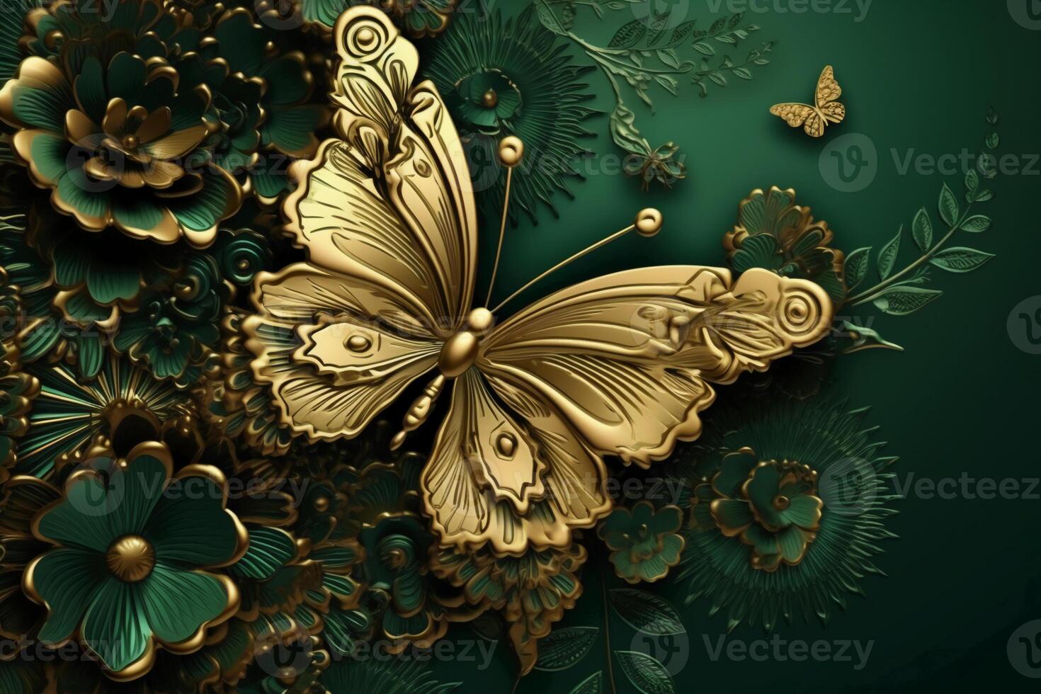abstract floral background with green flowers and golden butterfly. photo