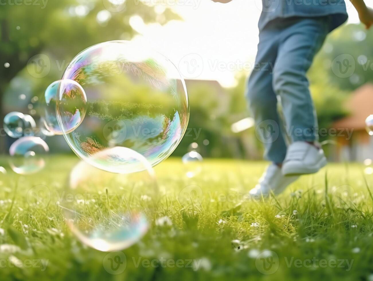 un cerca arriba de gigante burbujas, borroso antecedentes de un niño bokeh piernas vistiendo blanco ropa y corriendo alrededor en el césped. ai generativo foto