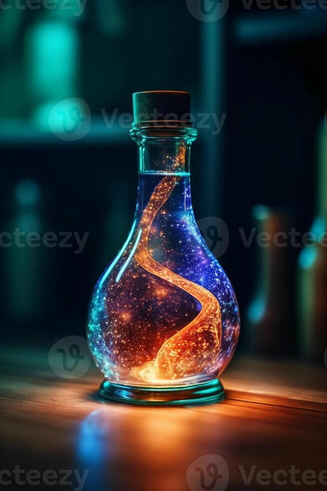 Glowing galaxy in a glass bottle. photo