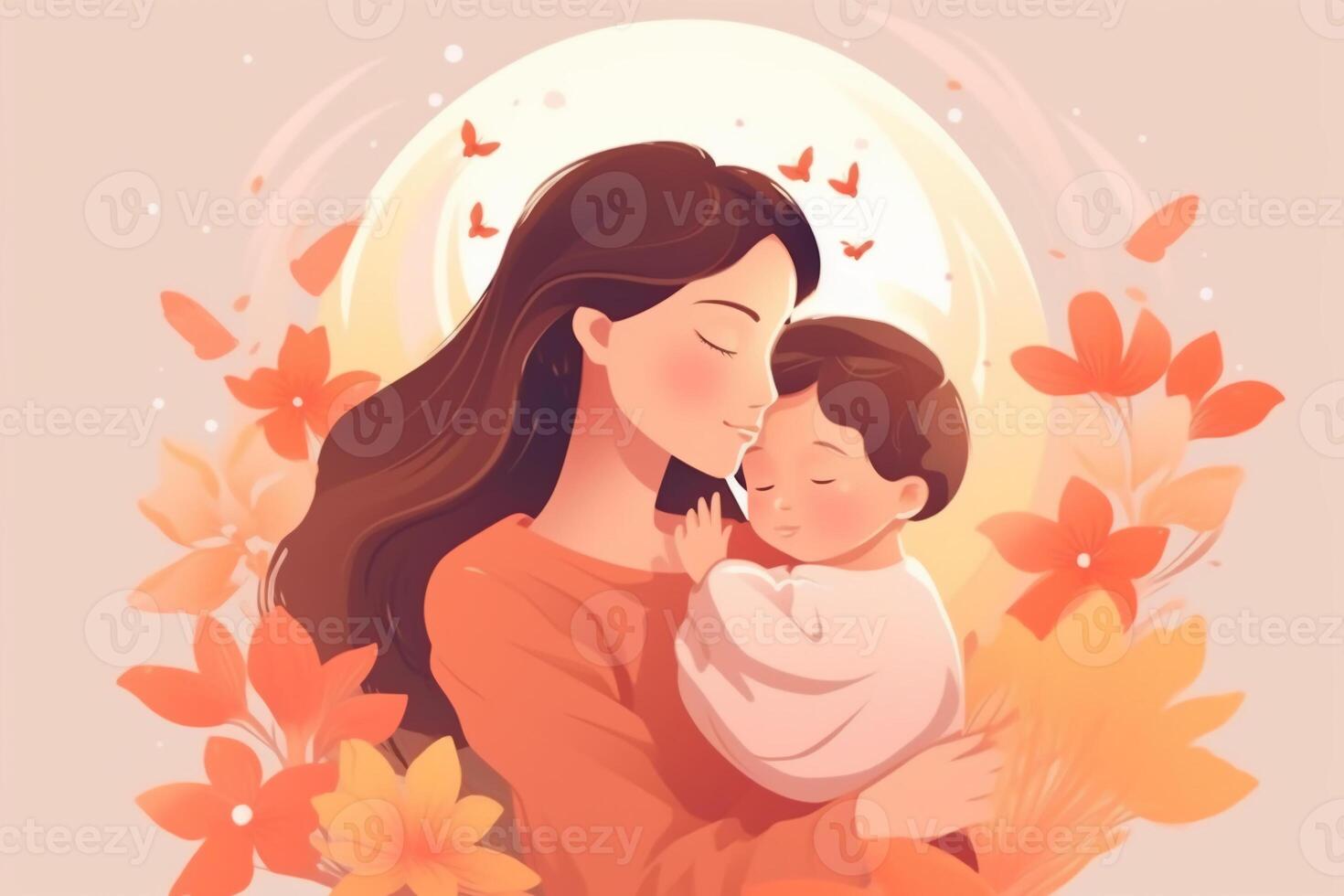 Illustration of mother with her little child, flower in the background. Concept of mothers day, mothers love, relationships between mother and child. photo