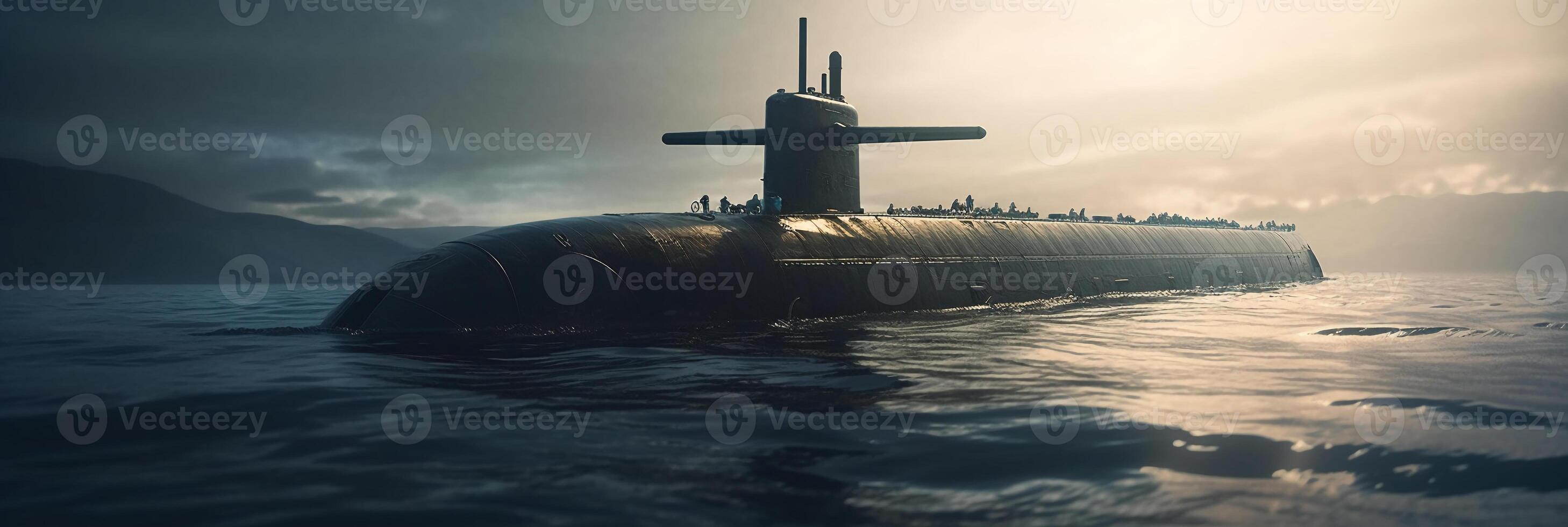 Generic military nuclear submarine floating in the middle of the ocean. photo