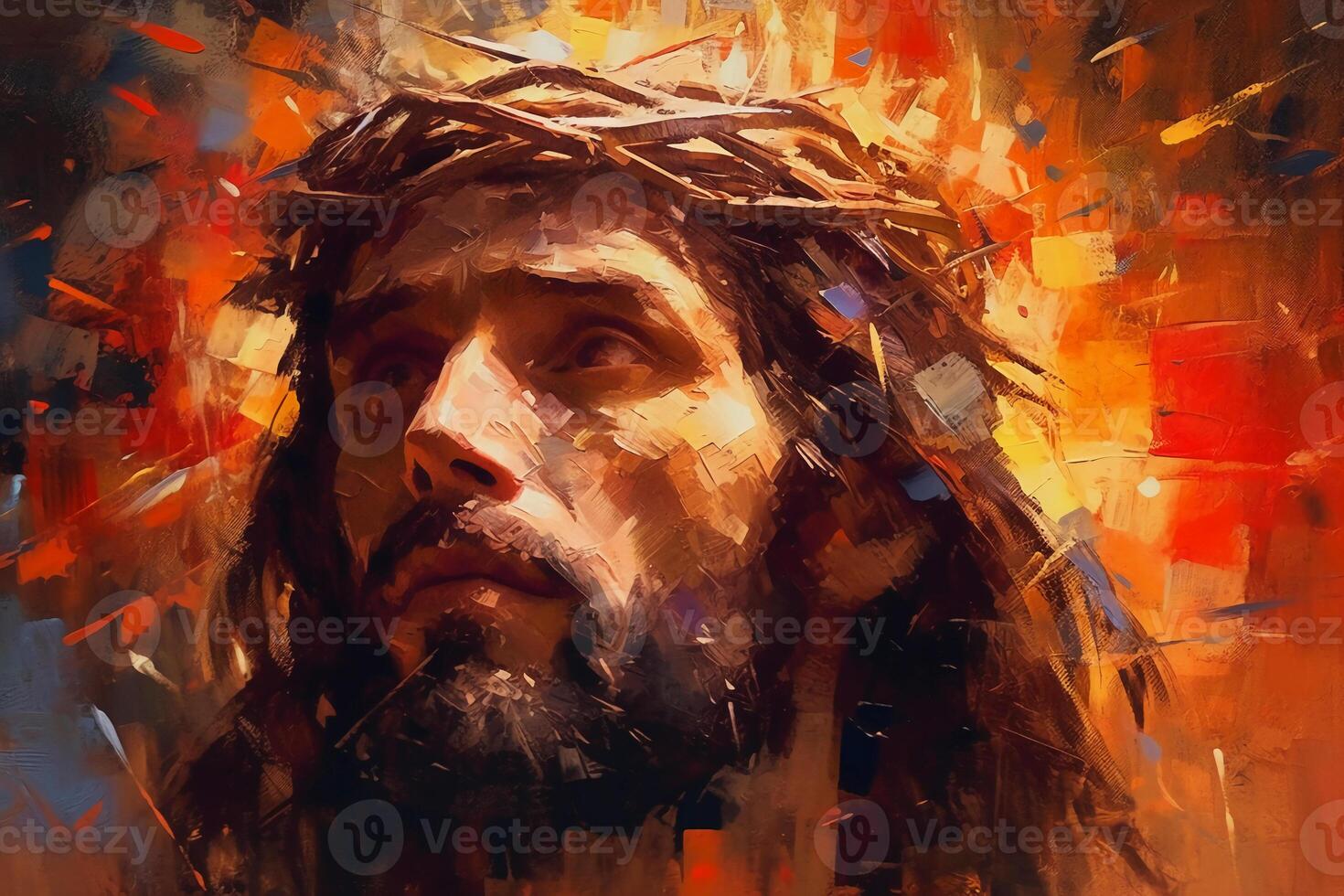 Jesus with a crown of thorns surrounded by glowing light Palette knife drawing. photo