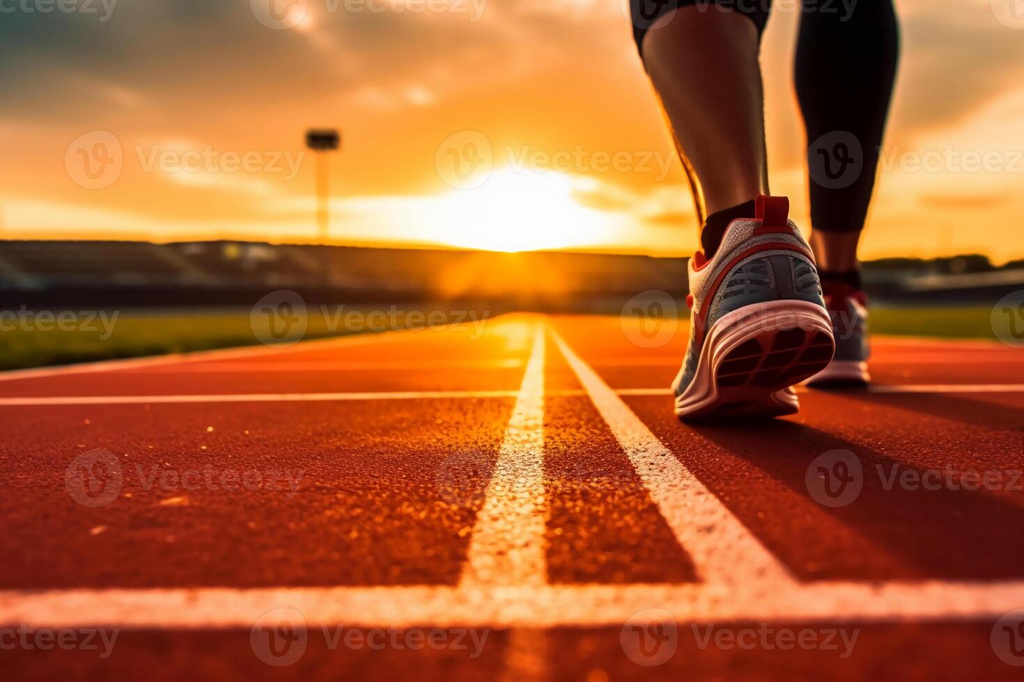 Runners feet in a athletic running track. Young man athlete training at sunset. photo