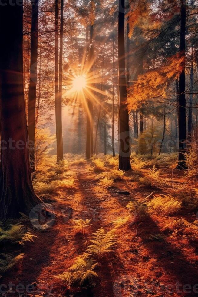 The most beautiful red autumn forest in the world. photo