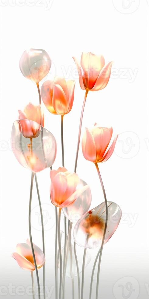 Glass texture, flower stems, petals, tulip flowers, white background, clean and transparent. photo