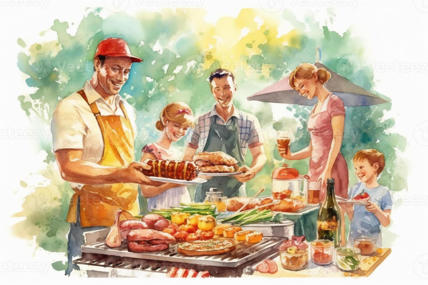 A vibrant and lively picture depicting a father grilling and enjoying a barbecue with his family. photo