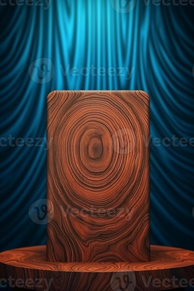Brown wood grain podium with blue pattern background, front view. photo