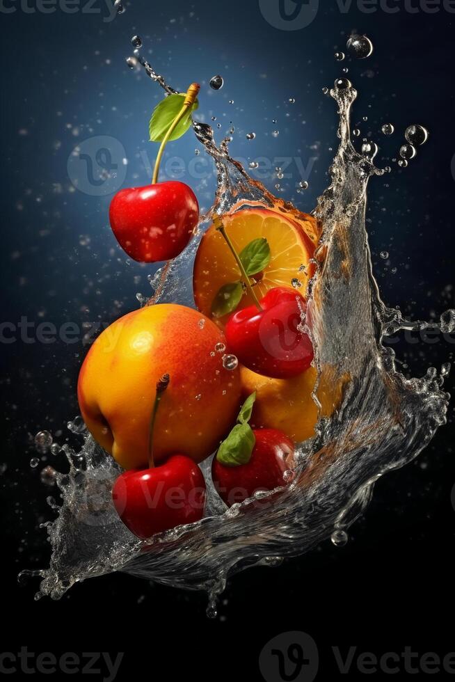 fresh fruits, splash, vibrant colors. photo