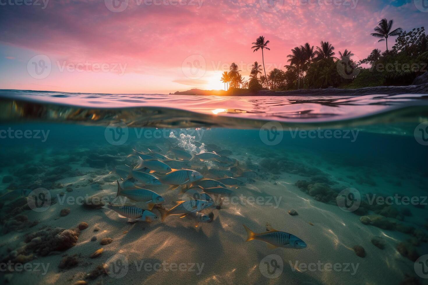 Photograph of beautiful inviting beach scene with pink sunset sky. photo