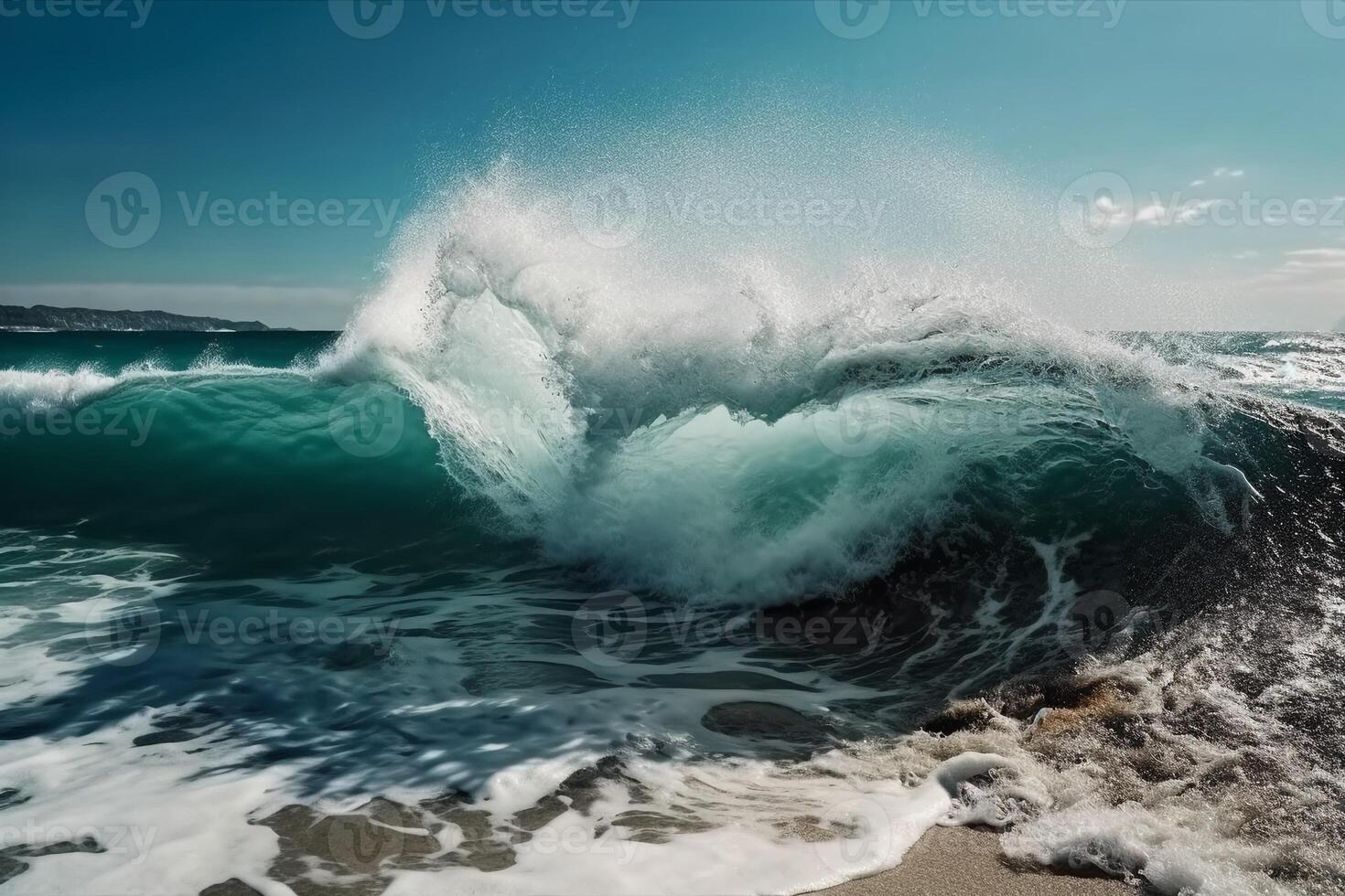 Sunny day, Beauty of marine nature, strength and power of the water element in form of a large turquoise sea wave crashing on shore. photo