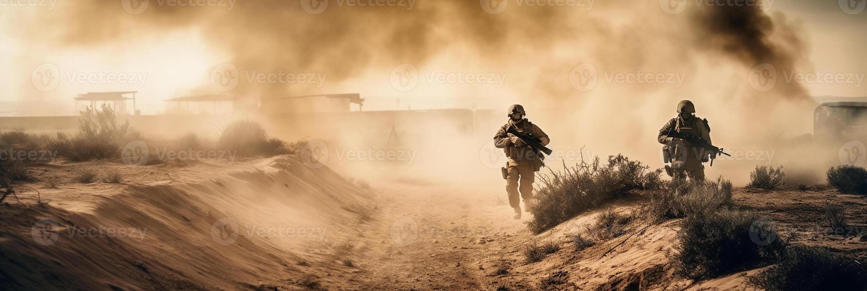 militar especial efectivo soldados cruces destruido zona de guerra mediante fuego y fumar en el desierto, ai generativo foto