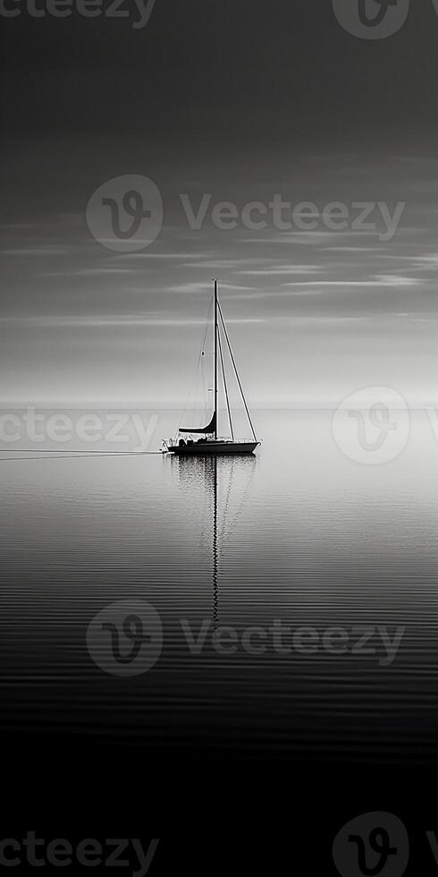 white image of a lone sailboat on a calm sea, photo