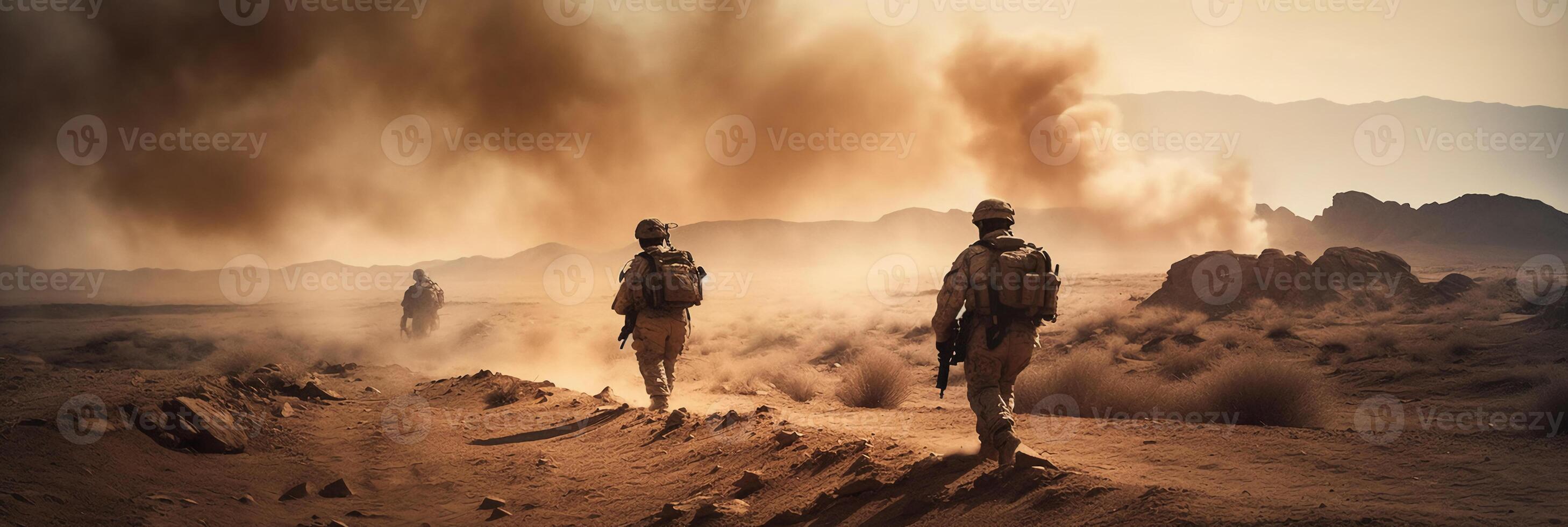 Military special forces soldiers crosses destroyed warzone through fire and smoke in the desert, photo